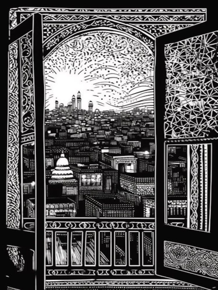 A Window View Of Marrakech In The Style Of Black And White  Line Art 3