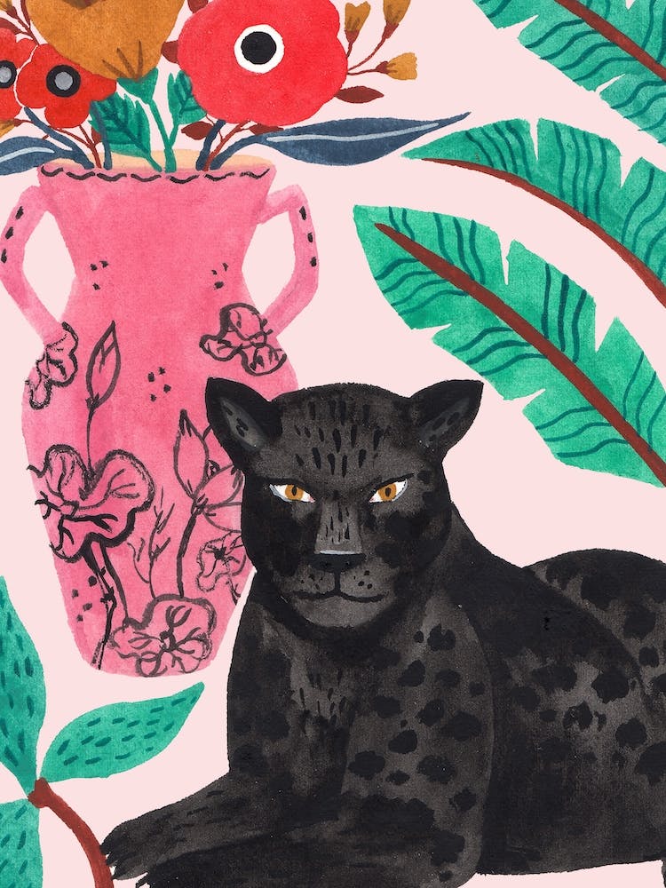 Black Jaguar And Pink Vase