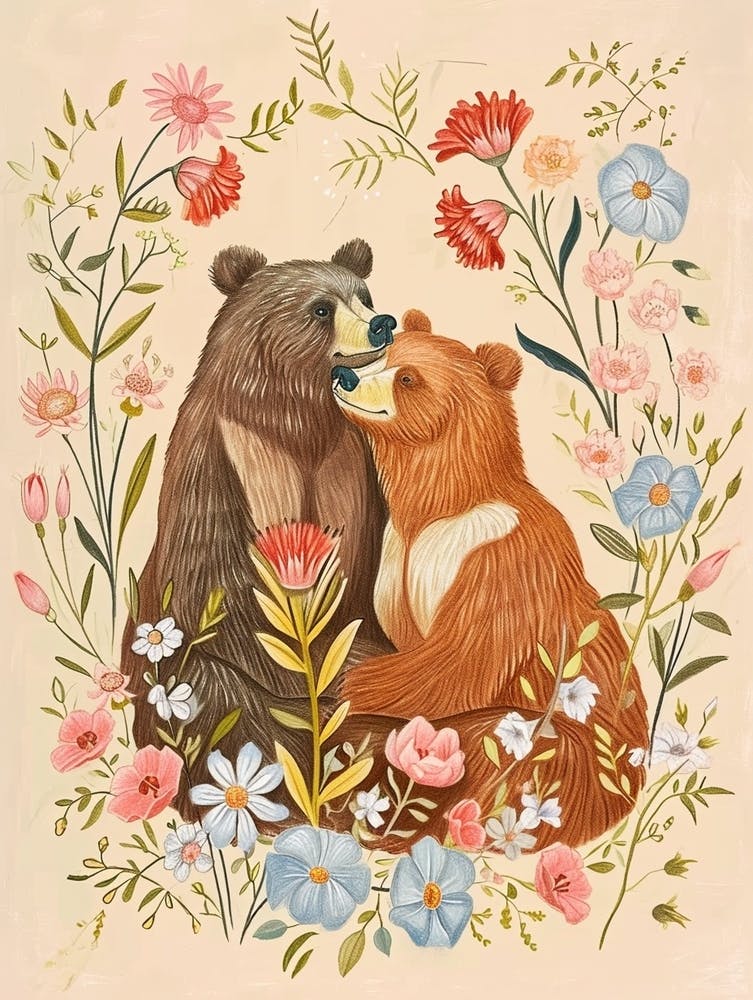 Folksy Floral Animal Drawing Brown Bear 5