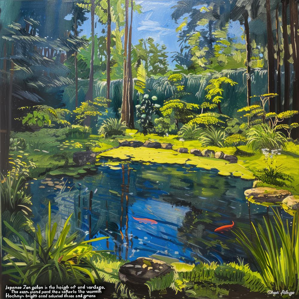 Summer Zen Japanese Garden Series In Style Of David Hockney