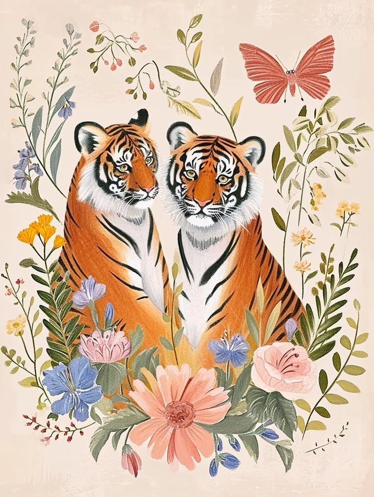 Folksy Floral Animal Drawing Tiger