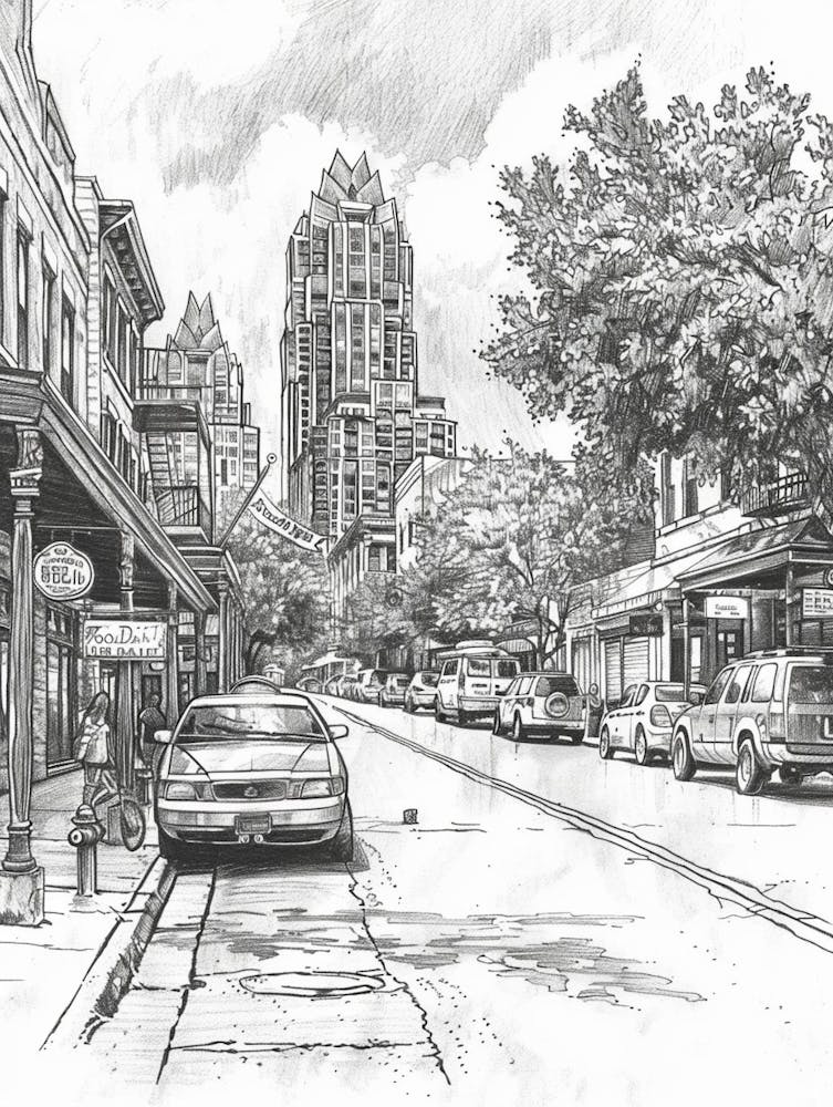 Rainey Street Historic District Austin Texas - Dessin Noir et Blanc 1