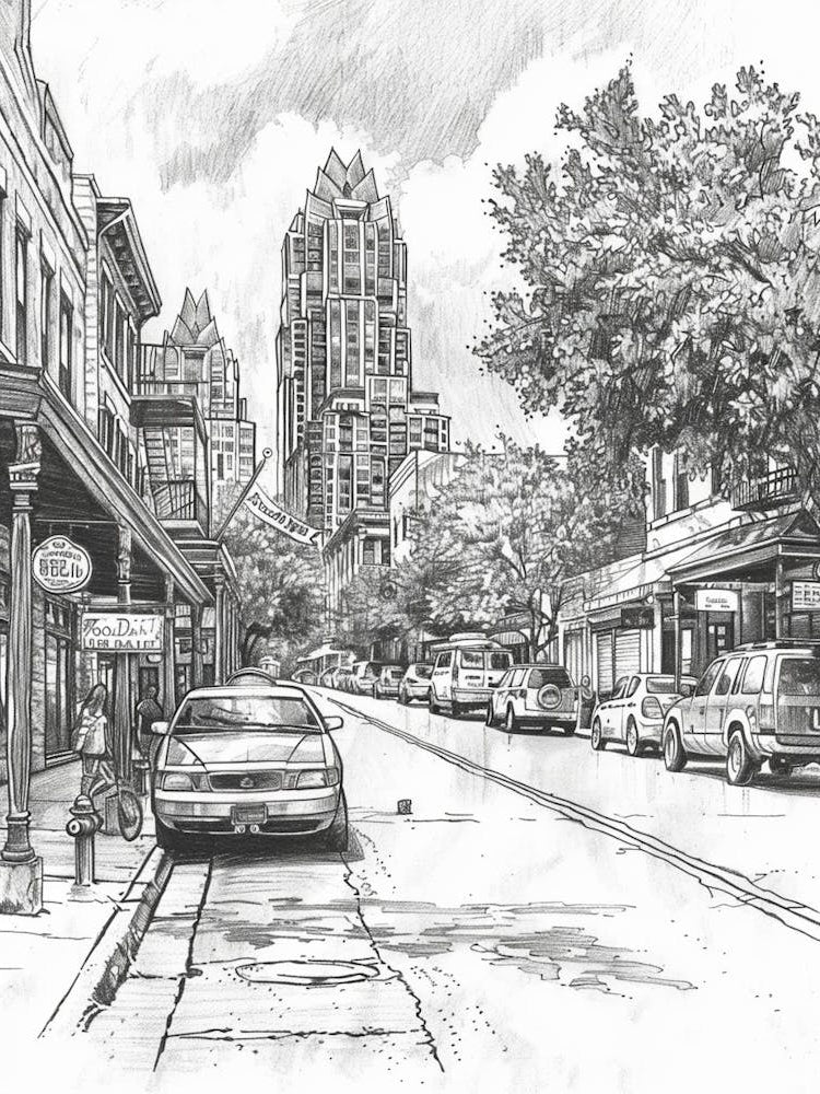 Rainey Street Historic District Austin Texas Black And White Drawing 1
