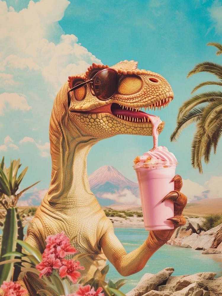 Dinosaur Drinking A Milkshake Retro Collage 3