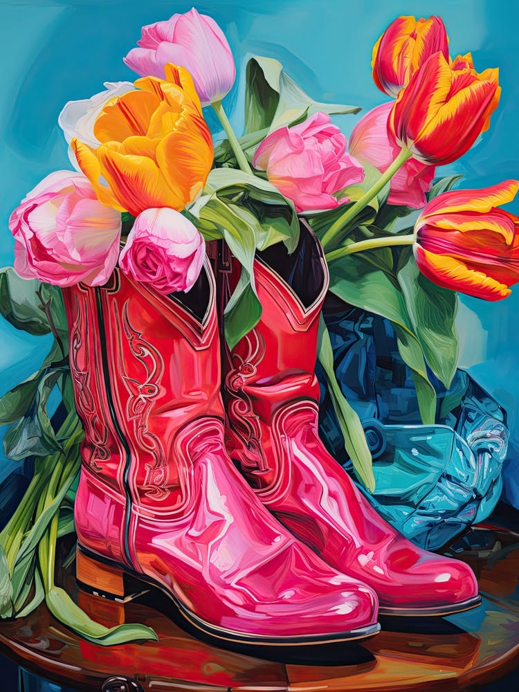 Oil Painting Of Tulips Flowers And Cowboy Boots, Oil Style 2