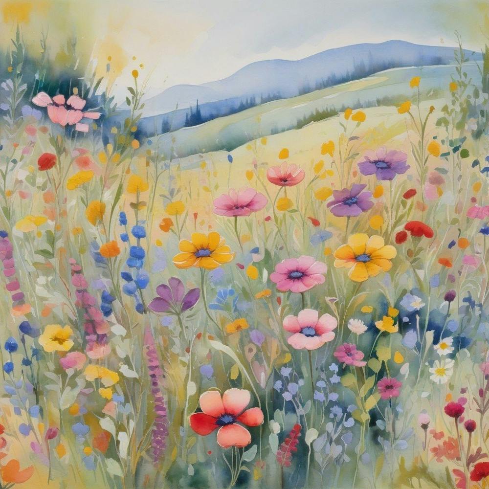 Multicolored Wildflowers Watercolor Field Drawing Summer 1
