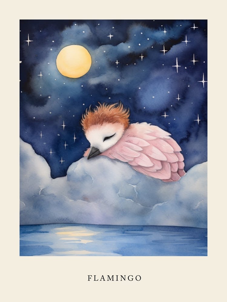 Baby Flamingo Sleeping In The Clouds Nursery Poster
