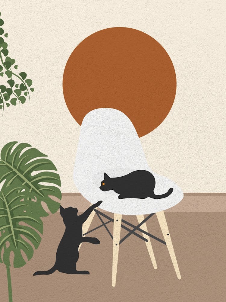 Minimal art Cats playing On A Chair