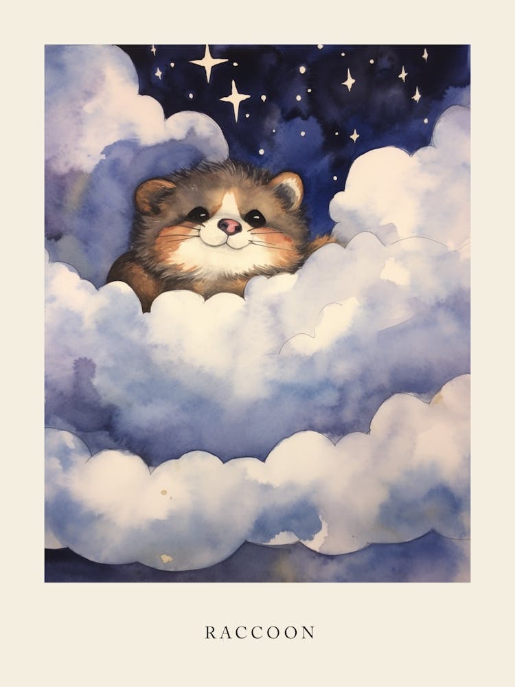 Baby Raccoon 1 Sleeping In The Clouds Nursery Poster