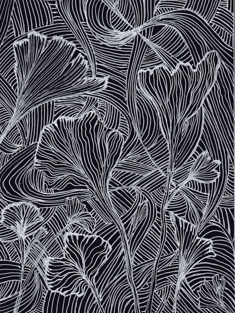Lines Art Ginkgo Leaves, Swirl Print. Lines Dotted Sketch on Black Paper.