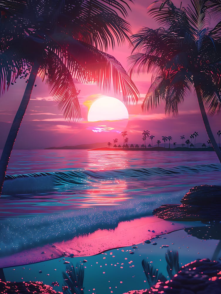 Synthwave Sonnenuntergang am Strand 7
