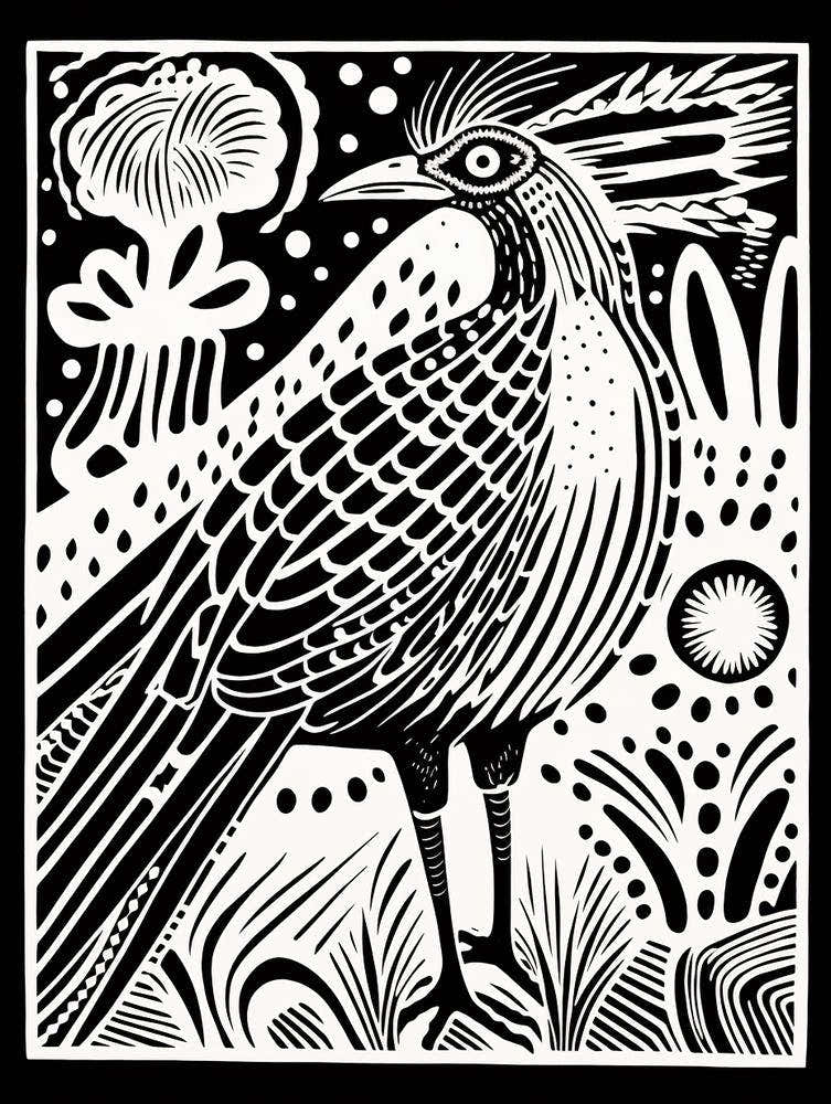 B&W Bird Linocut Roadrunner 3