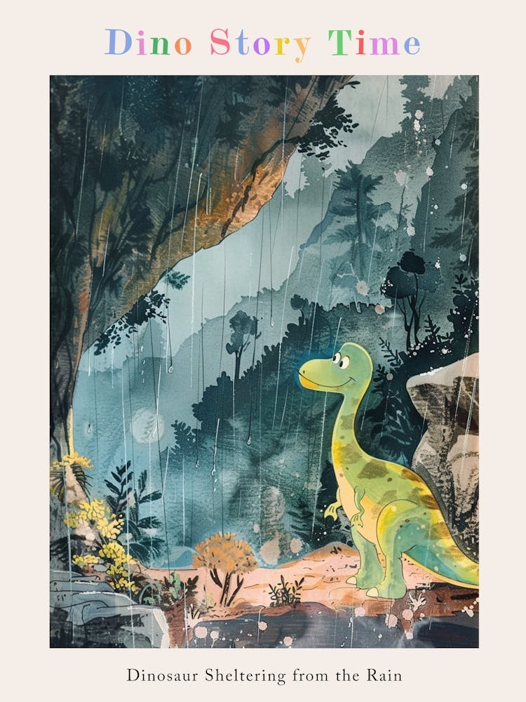 Dinosaur Sheltering From The Rain Storybook Style 2 Poster