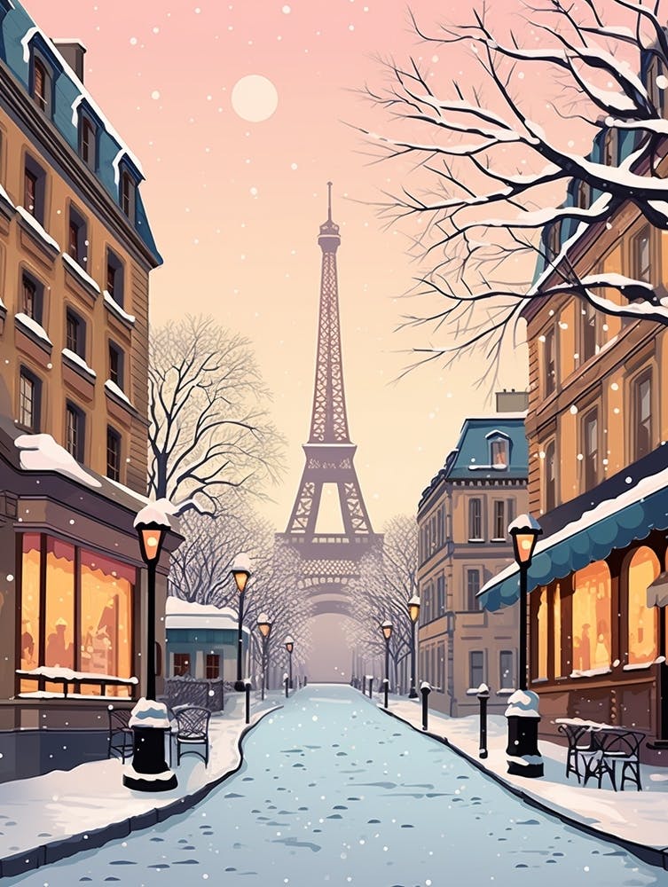Vintage Winter Travel Illustration Paris France 4