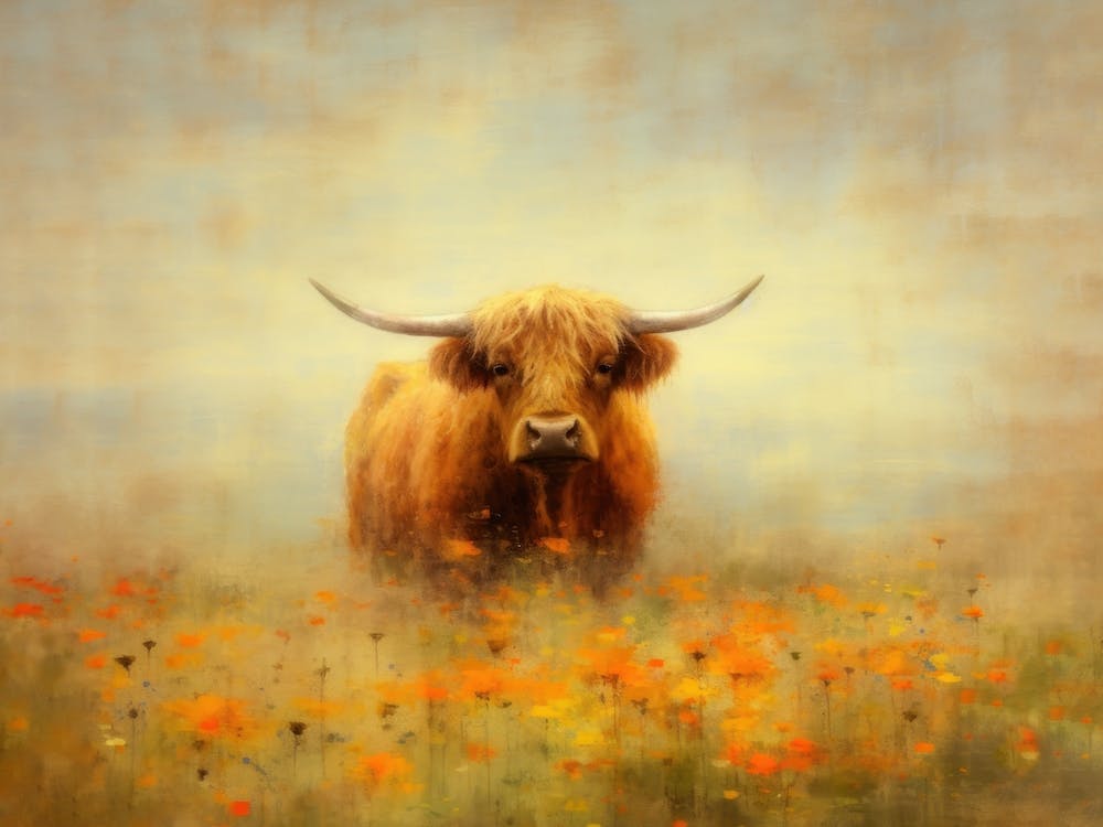 Vache des Highlands - Champ au Lever du Soleil