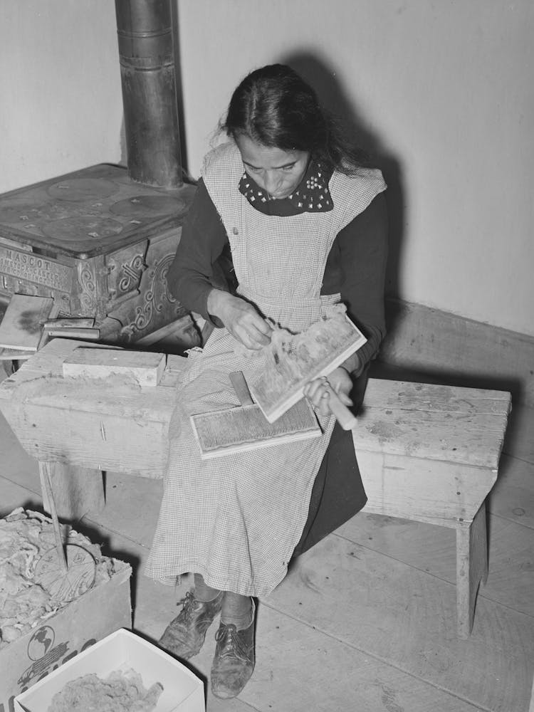 Spanish American Woman Carding Wool At Wpa (Works Progress Administrationwork Projects