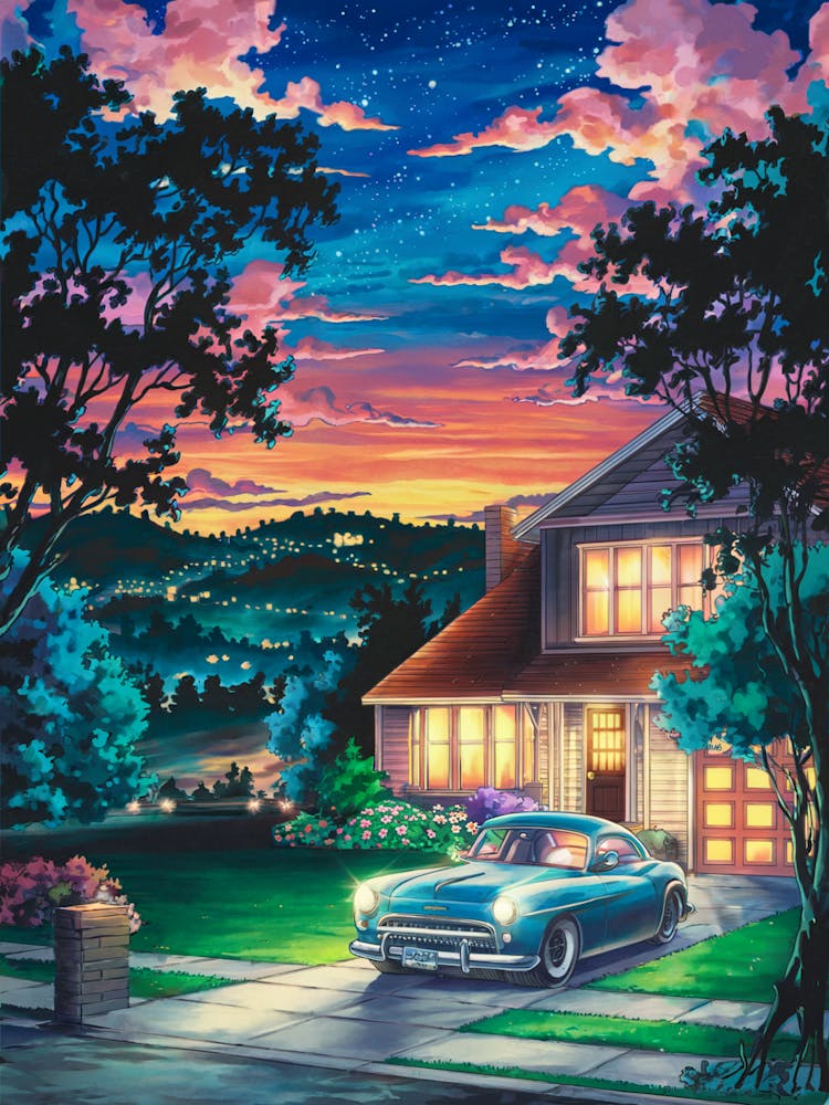Anime Canvas Art: Vibrant Suburban Sunset with Starry Night Sky and Cozy Home, Ideal for Lofi Aesthetic Fans and Nostalgic Wall Decor.