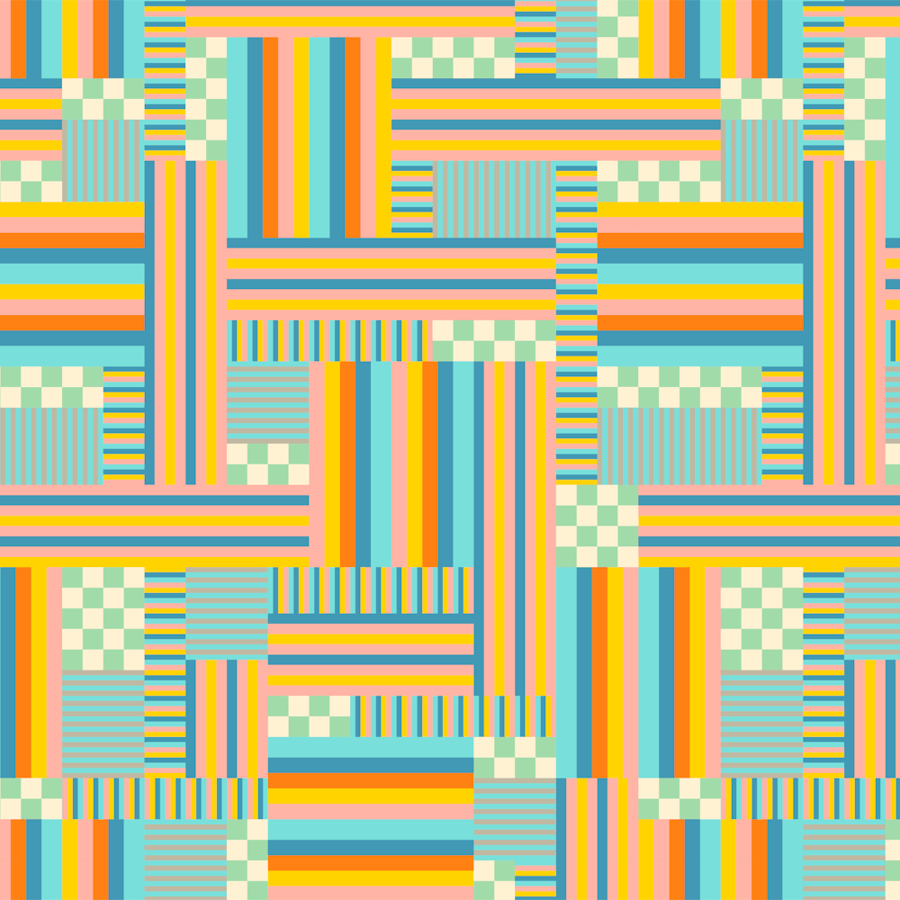 CHECKS AND STRIPES Retro Abstract Geometric Checkerboard Patchwork in Mid-Century Modern Summer Blue Green Orange Yellow with Mint and White