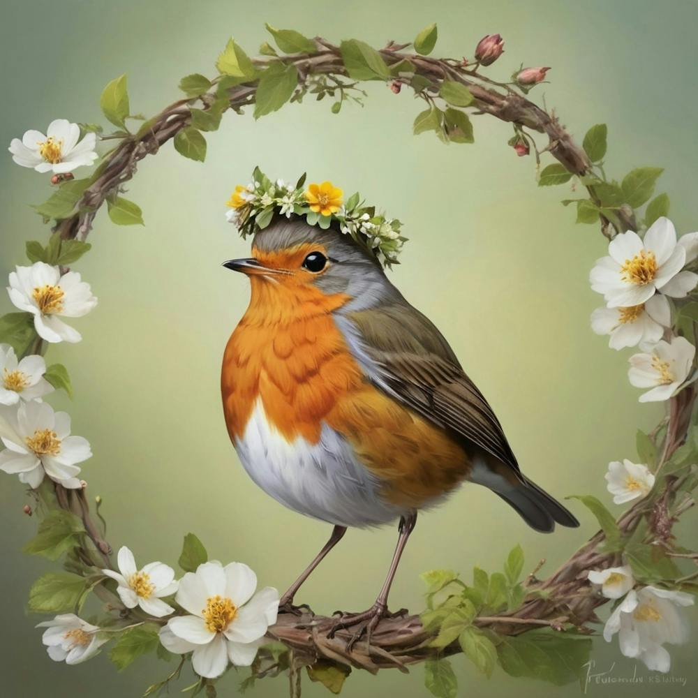 Bird With A Flower Crown European Robin 1