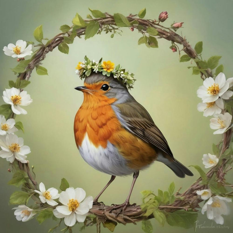 Bird With A Flower Crown European Robin 1