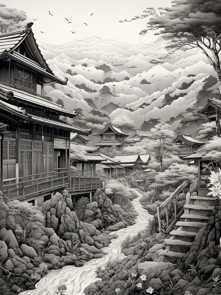 Shirakawa Go In Gifu, Ukiyo E Black And White Line Art Drawing 1