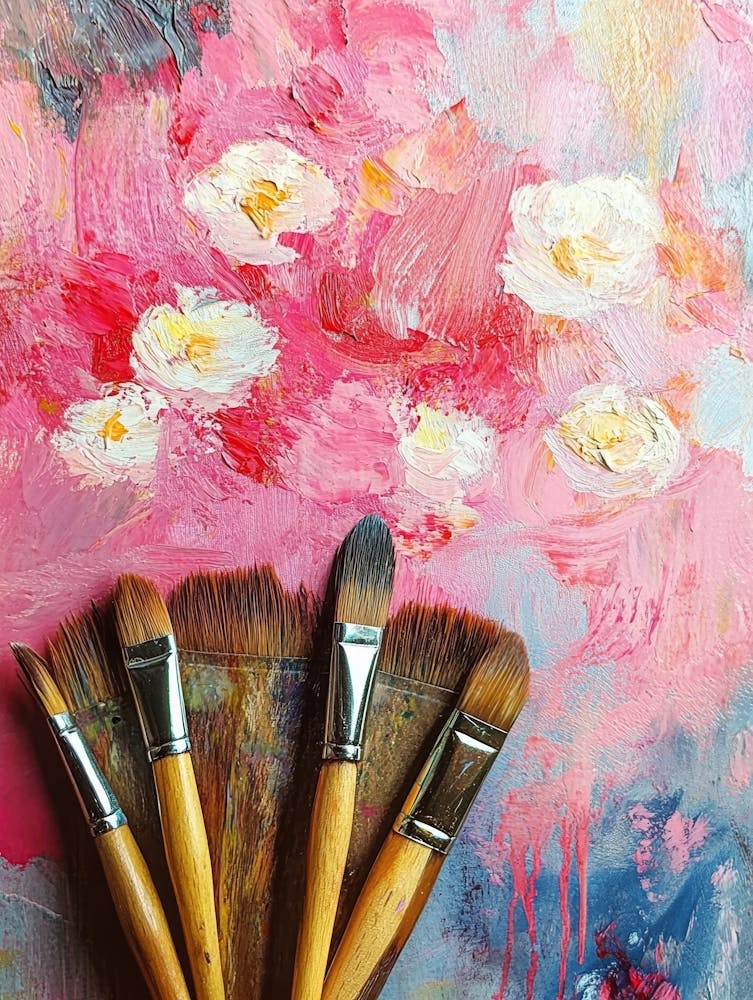 Paintbrush And Beautiful Painting With Flowers 1
