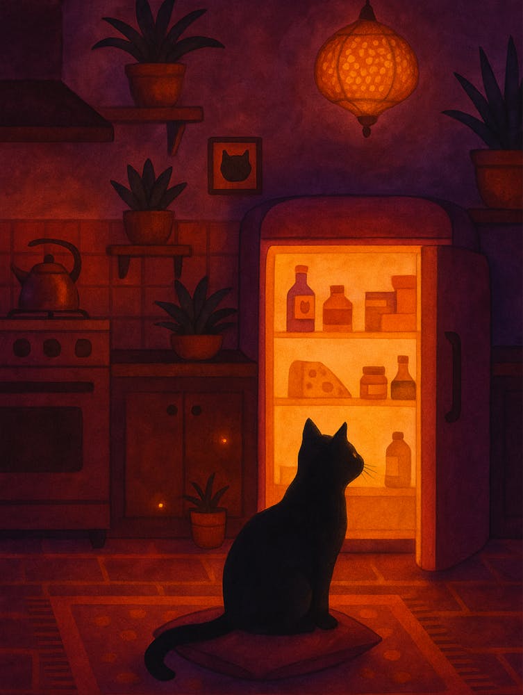 Cat in Kitchen Poster – Cozy Night Illustration Black Cat by the Fridge Wall Art