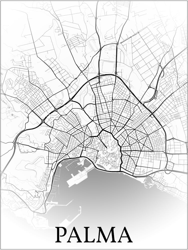 Palma De Mallorca, Balearic Islands, Spain, City Map, Black And White Fade Design