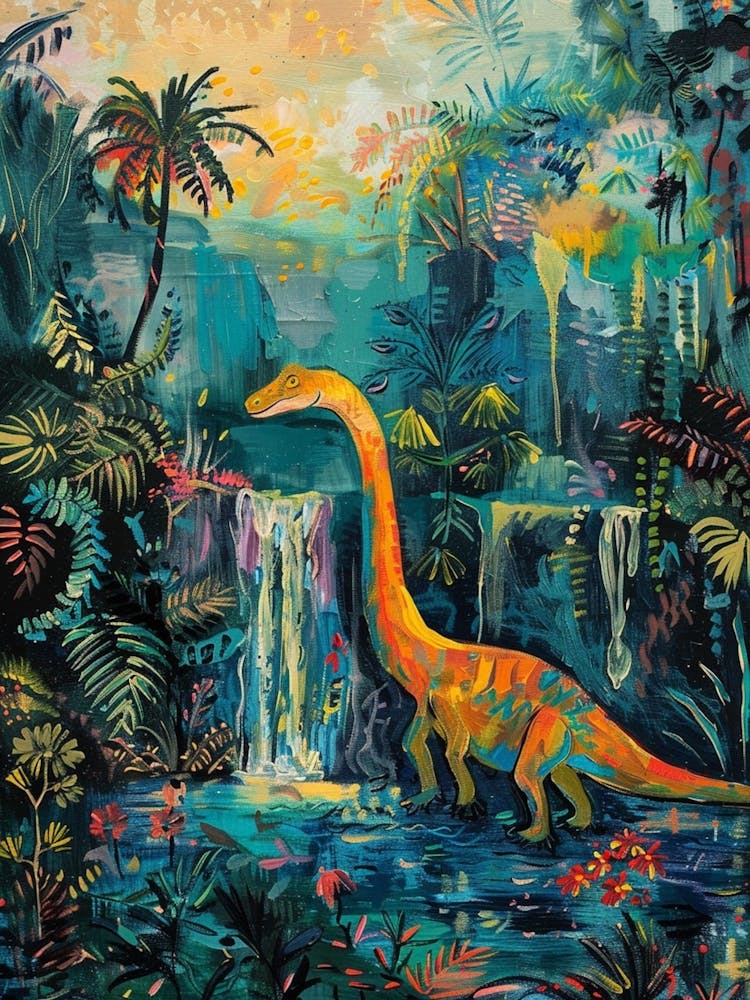 Dinosaur By A Waterfall Landscape Painting 1