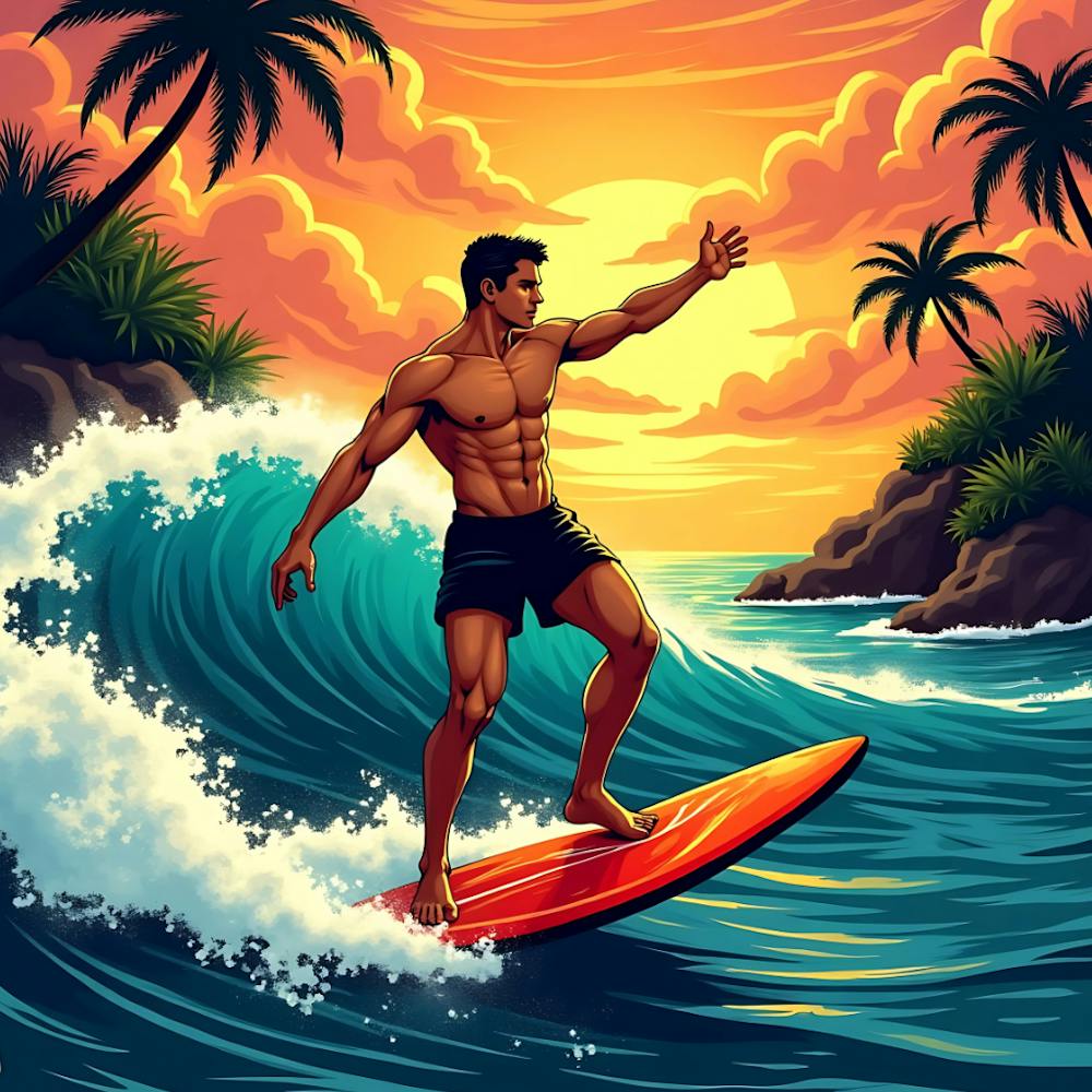 Surfer Man On Surfboard At Sunset