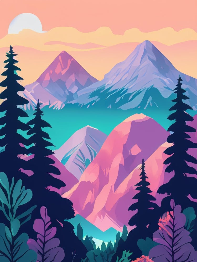 Pastel Landscape With Mountains And Trees