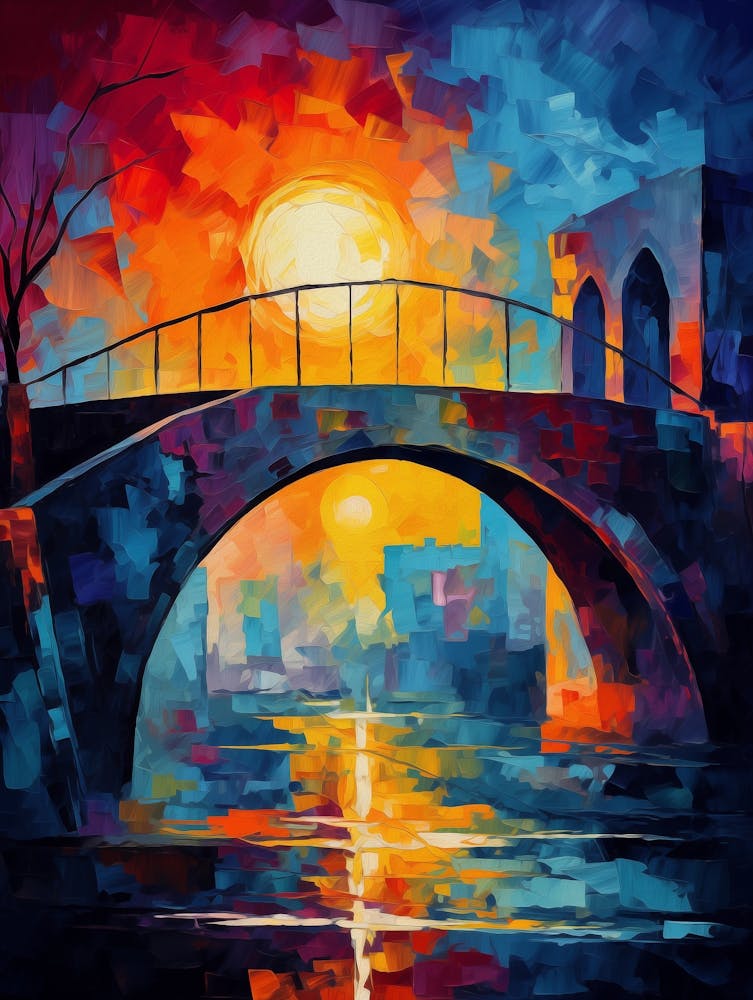 Old Stone Bridge at Sunset, Abstract Vibrant Colorful Painting in Van Gogh Style