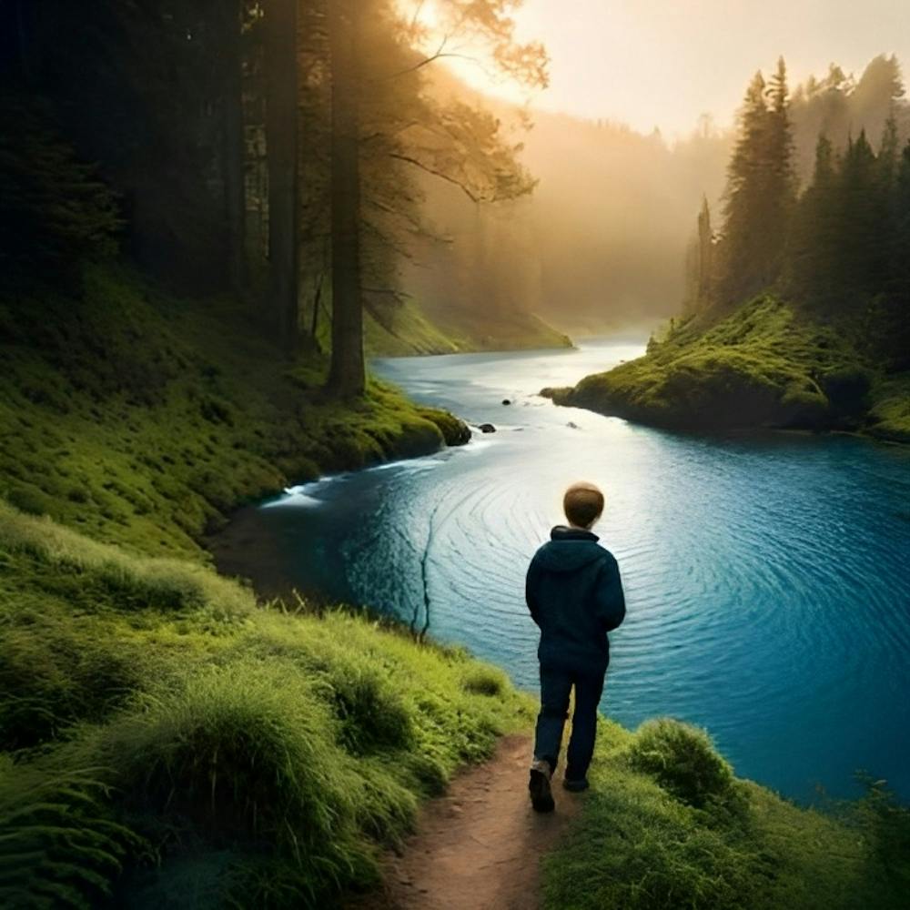 A Boy Walks Along A Path Near A River , finding destination