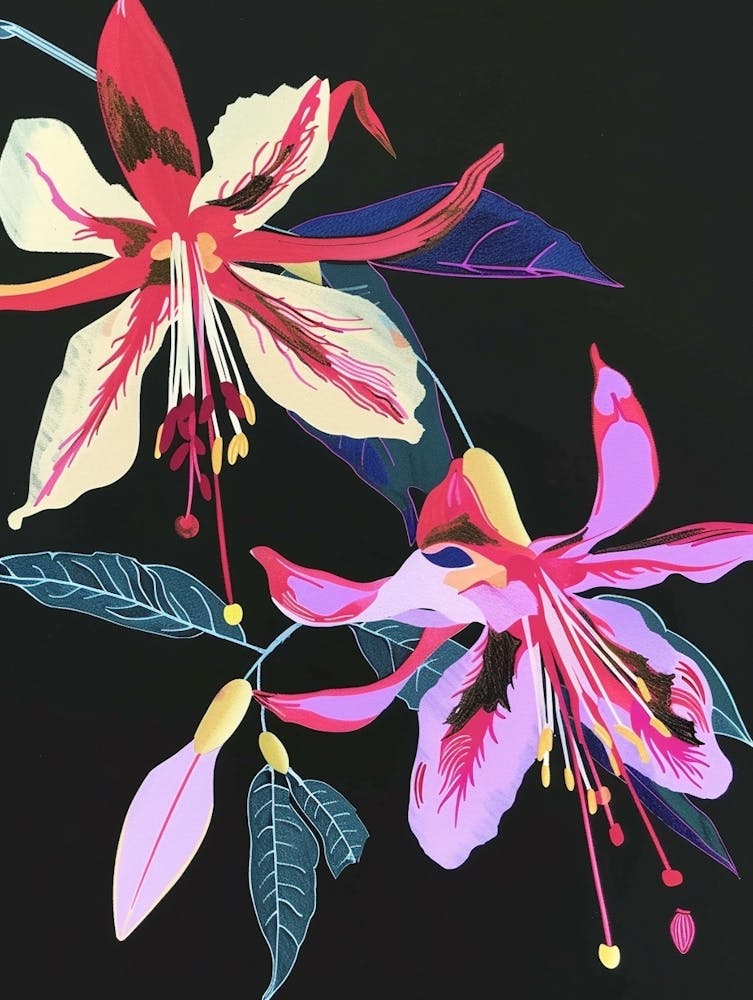 Neon Flowers On Black Fuchsia 3