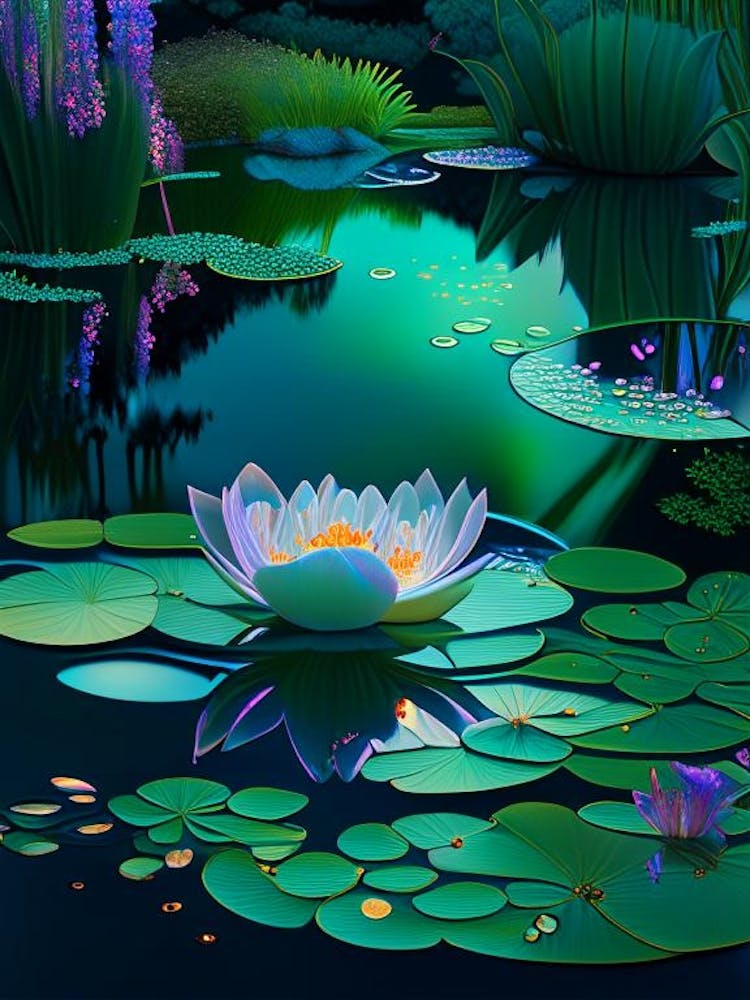 Pond With Lily Pads, Water, Waterscape Holographic 2
