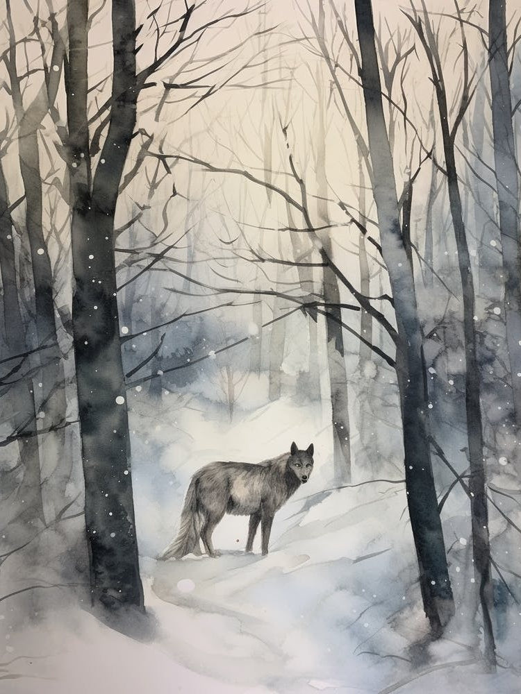 Winter Watercolour Gray Wolf 4