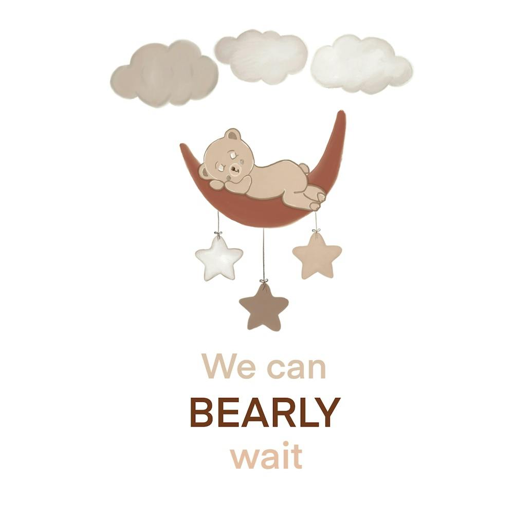 We Can Bearly Wait Text With Sleeping Bear, Moon, Cloud And Stars Baby Shower Greeting Card Kopya