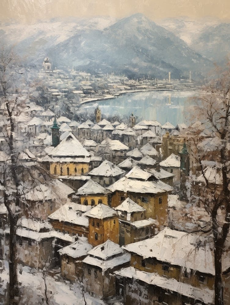 Vintage Winter Painting Salzburg Austria 2
