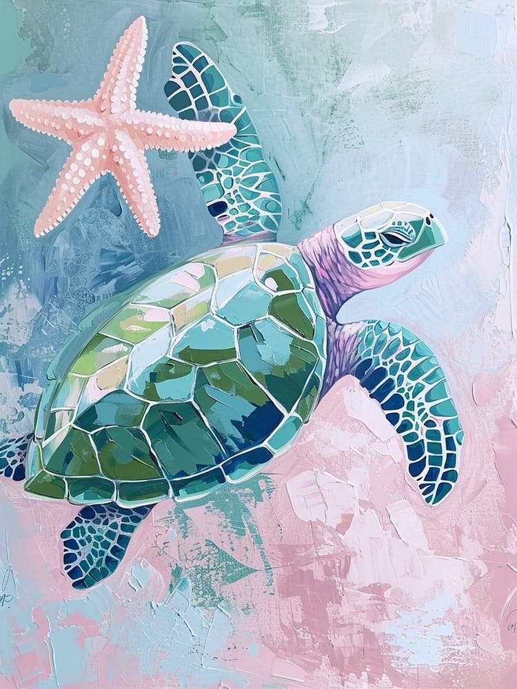 Sea Turtle With A Star Fish Pastel 1