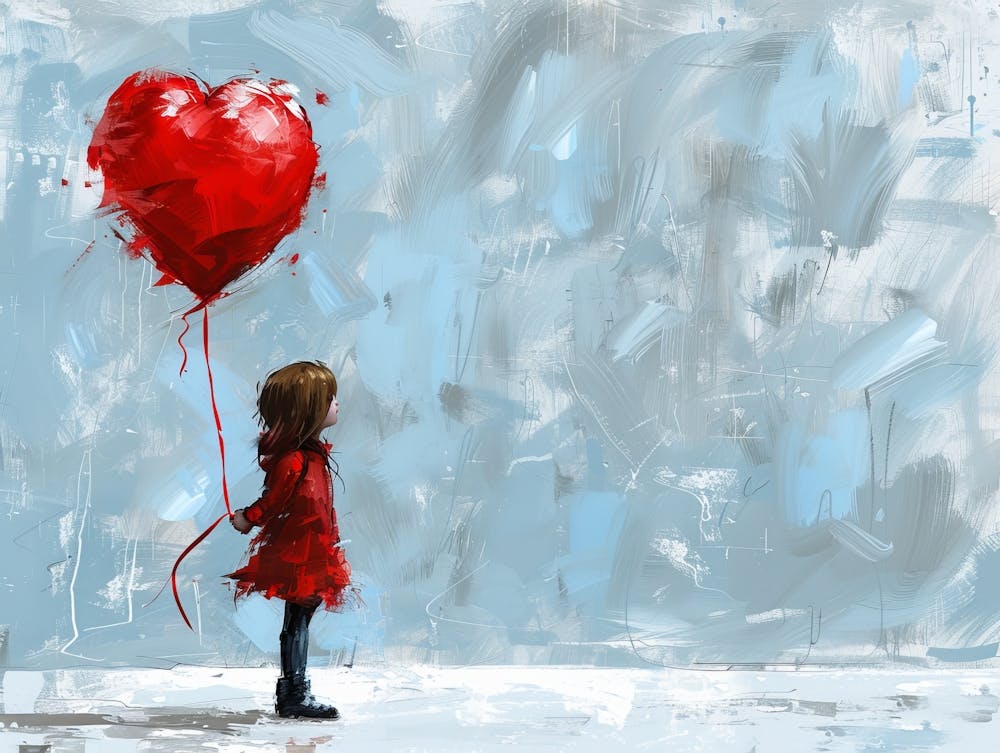 Little Girl With Red Heart Balloon