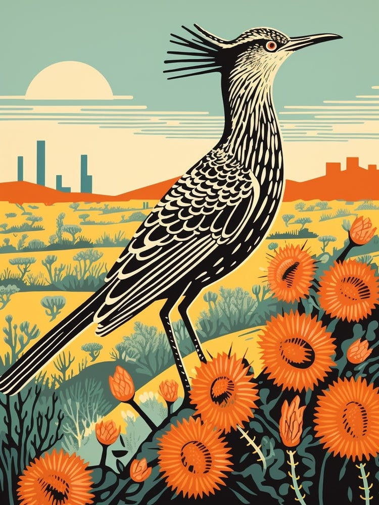Vintage Bird Linocut Roadrunner 1