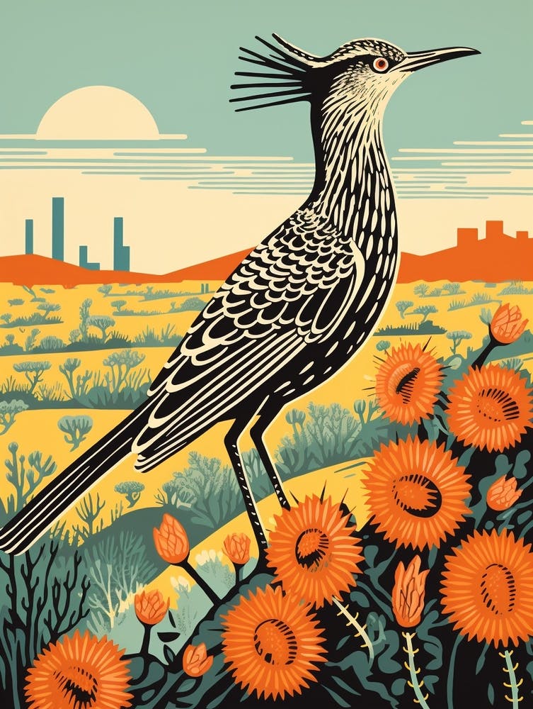 Vintage Bird Linocut Roadrunner 1