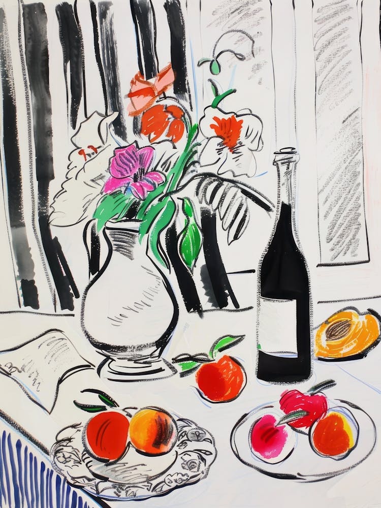 Wine and Flowers on the Table. Matisse Style Sketch Kitchen