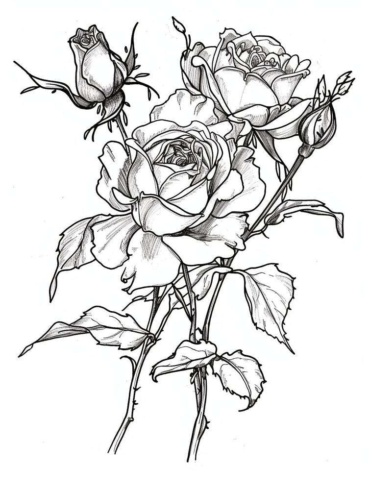 Black And White Rose Line Drawing 2