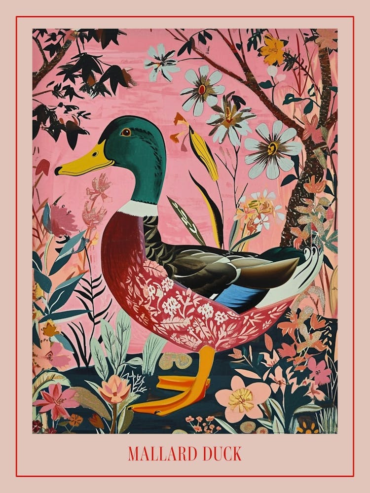 Floral Animal Painting Mallard Duck 3 Poster
