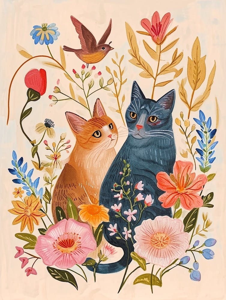 Folksy Floral Animal Drawing Cat