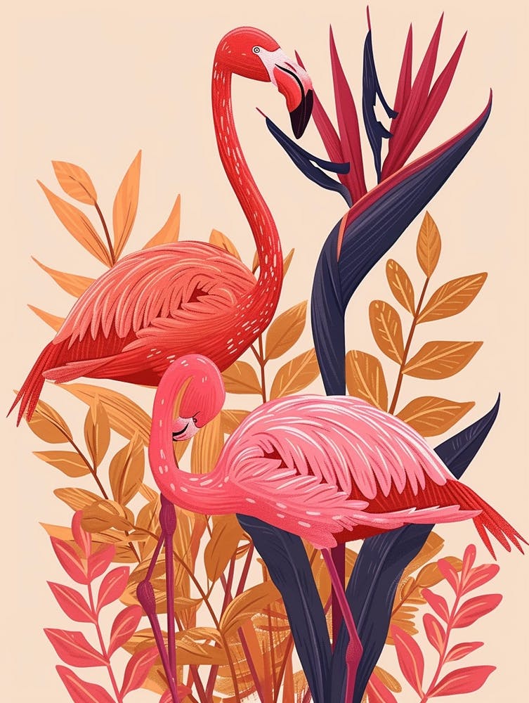Andean Flamingo And Bird Of Paradise Minimalist Illustration 2