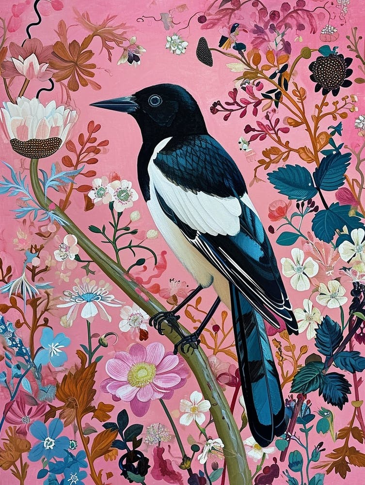 Floral Animal Painting Magpie 1