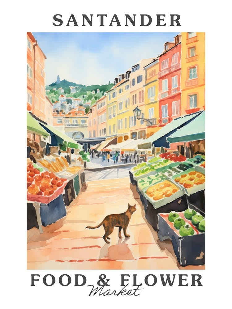 Lebensmittelmarkt mit Katzen in Santander 1 Poster