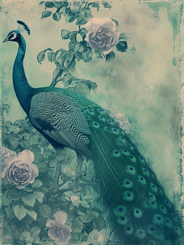 Turquoise Peacock With Roses Cyanotype Inspired  3
